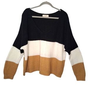 No Comment Neutral Colorblock Drop Shoulder V Neck Sweater Plus Size 2X